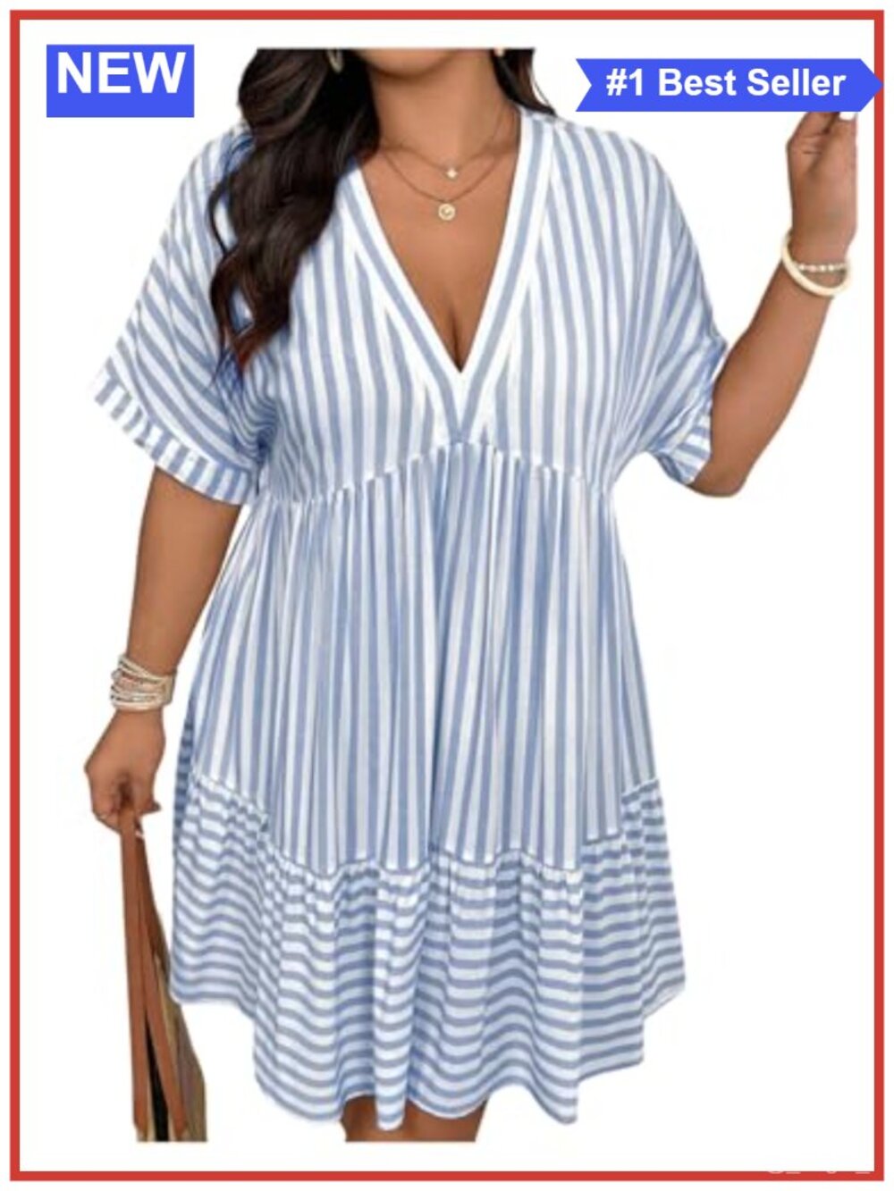 Plus Size Striped Babydoll Swing Dress V-Neck Ruffle Hem